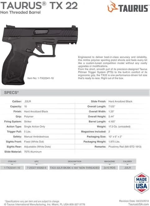 Taurus TX22 Semi-automatic Pistol — image 2